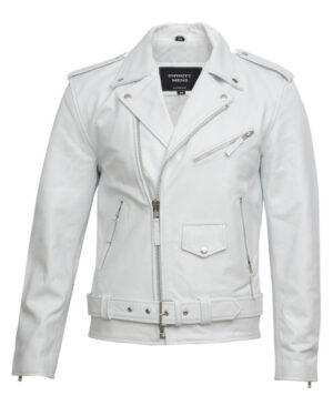 Men’s Brando Style Leather Biker Jacket – Classic Rock Motorcycle Rider Jacket - white