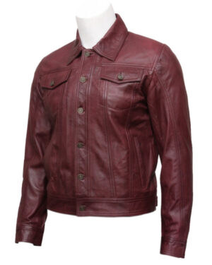 Men’s Goat Suede Leather Trucker Jacket – Classic Vintage Style Jacket Taraz - burgundy