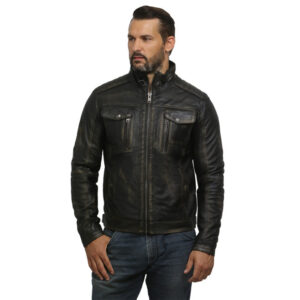 Men’s Retro Distressed Leather Biker Jacket – Vintage Motorcycle Rider Jacket