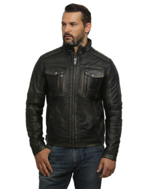 Men’s Retro Distressed Leather Biker Jacket – Vintage Motorcycle Rider Jacket