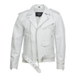 Men’s Brando style leather biker jacket with classic rock motorcycle rider design in black leather