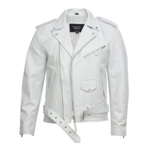 Men’s Brando style leather biker jacket with classic rock motorcycle rider design in black leather