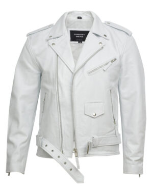 Men’s Brando style leather biker jacket with classic rock motorcycle rider design in black leather