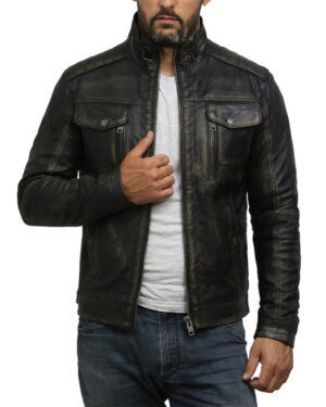 Men’s Retro Distressed Leather Biker Jacket – Vintage Motorcycle Rider Jacket - black