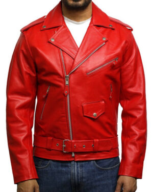 Men’s Brando Style Leather Biker Jacket – Classic Rock Motorcycle Rider Jacket - red
