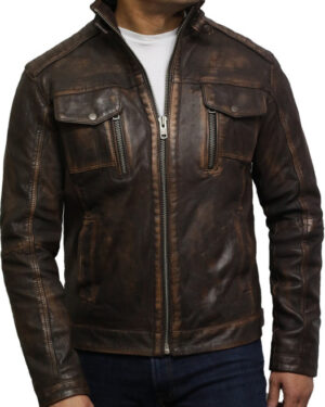 Men’s Retro Distressed Leather Biker Jacket – Vintage Motorcycle Rider Jacket - brown