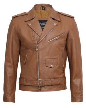Men’s Brando Style Leather Biker Jacket – Classic Rock Motorcycle Rider Jacket - tan