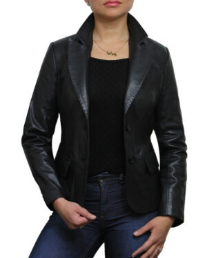 Women’s Leather Two Button Blazer – Classic Fit Jacket Newport
