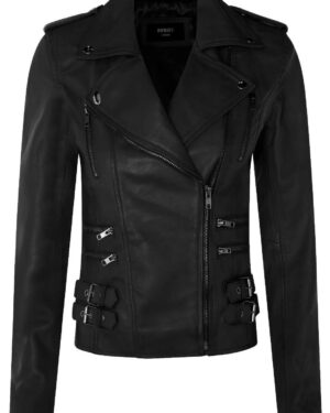 Women’s Classic Leather Brando Moto Biker Jacket – Loddon - matt-black
