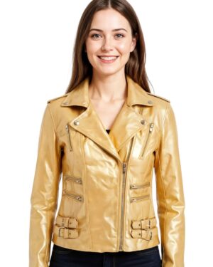 Women’s Classic Leather Brando Moto Biker Jacket – Loddon - gold