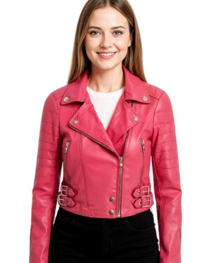 Women’s Cropped Leather Moto Biker Jacket – Brando Style Jacket Longtown - pink