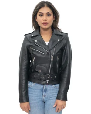 Women’s Cowhide Brando Leather Biker Jacket – Classic Moto Jacket Murcia - black