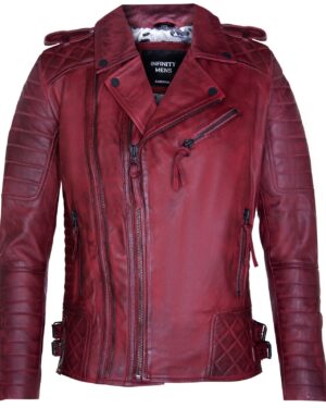 Men’s Quilted Leather Brando Biker Jacket – Classic Motorcycle Style - burgundy