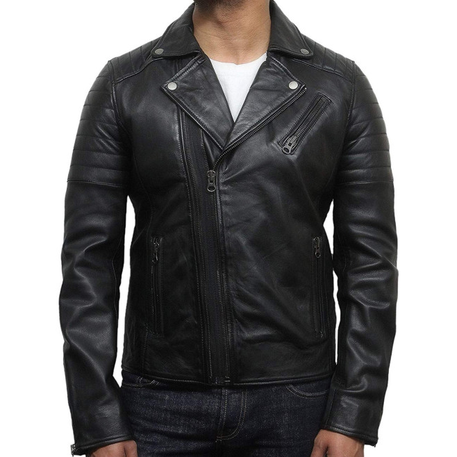 Fagernes Style Men's Brando Cross Zip Leather Motorcycle Jacke