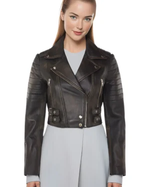 Women’s Cropped Leather Moto Biker Jacket – Brando Style Jacket Longtown - vintage-black