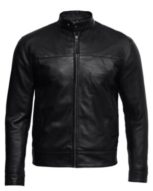 Men’s Mandarin Collar Black Leather Biker Jacket – Classic Rider Jacket