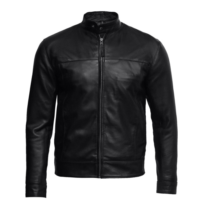 Men’s Mandarin Collar Black Leather Biker Jacket – Classic Rider Jacket