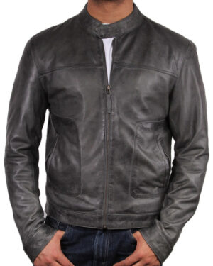 Men’s Classic Fitted Leather Biker Jacket – Slim Fit Motorcycle Jacket Austin - gray