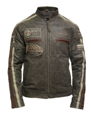 Men’s Moto Racing Leather Jacket – Biker Jacket with Badge Design