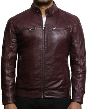 Men’s Quilted Leather Motorcycle Jacket – Vintage Biker Jacket Monaco - burgundy