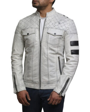 Men’s Vintage Quilted Leather Racing Jacket – Classic Motorcycle Jacket Cardiff - white