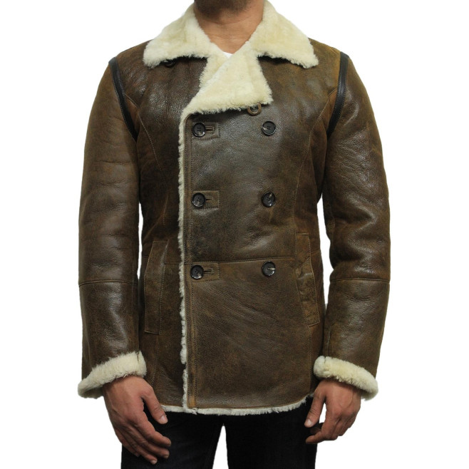 Men’s Shearling Sheepskin Double Breasted Pea Coat – Winter Coat Valencia