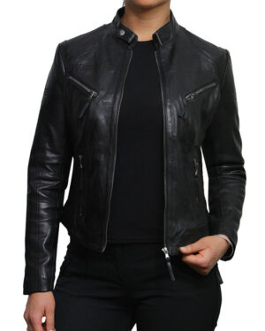 Women’s Fitted Leather Biker Jacket – Slim Fit Moto Jacket Maldon - black