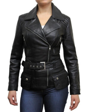 Women’s Long Leather Moto Biker Coat – Classic Style Jacket Quito - black