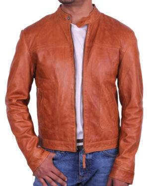 Men’s Classic Fitted Leather Biker Jacket – Slim Fit Motorcycle Jacket Austin - tan