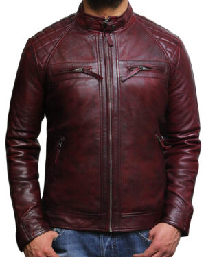 Men’s Vintage Quilted Leather Racing Biker Jacket – Zipped Motorcycle Jacket - burgundy