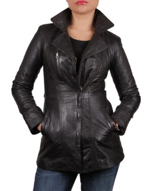 Women’s Long Leather Biker Jacket – Classic Moto Coat Muscat - brown