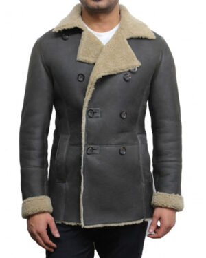 Men’s Shearling Sheepskin Double Breasted Pea Coat – Winter Coat Valencia - olive