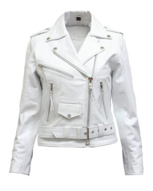 Women’s Cowhide Brando Leather Biker Jacket – Classic Moto Jacket Murcia - white