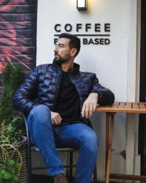 Men’s Quilted Leather Puffer Bomber Biker Jacket – Insulated Winter Coat Torpoint - navy