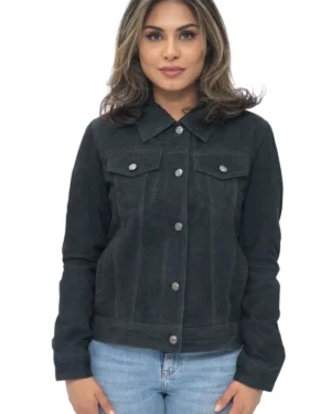 Women’s Goat Suede Trucker Jacket – Classic Denim Style Jacket Astoria - navy