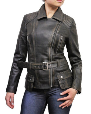 Women’s Long Leather Moto Biker Coat – Classic Style Jacket Quito - black-rub-off