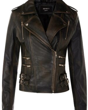 Women’s Classic Leather Brando Moto Biker Jacket – Loddon - vintage-black