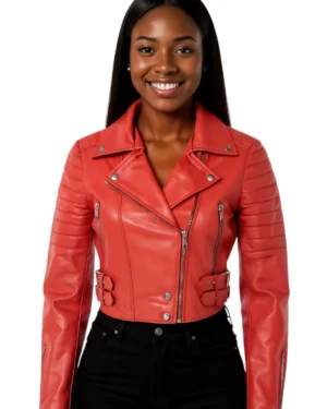 Women’s Cropped Leather Moto Biker Jacket – Brando Style Jacket Longtown - red
