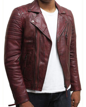 Fagernes Style Men's Brando Cross Zip Leather Motorcycle Jacket - burgundy