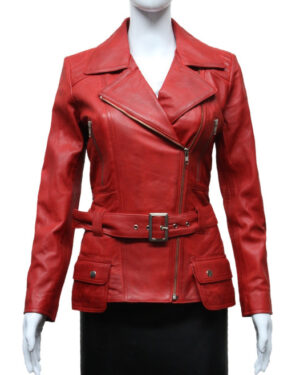 Women’s Long Leather Moto Biker Coat – Classic Style Jacket Quito - red