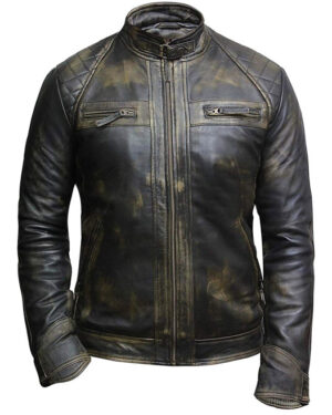Men’s Vintage Quilted Leather Racing Biker Jacket – Zipped Motorcycle Jacket - black-rub-off