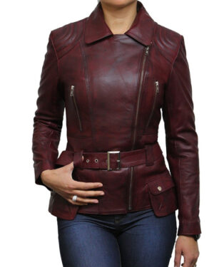 Women’s Long Leather Moto Biker Coat – Classic Style Jacket Quito - burgundy