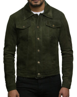 Men’s Vintage Goat Suede Leather Trucker Jacket – Classic Casual Jacket Taraz - green