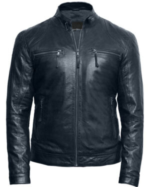 Men’s Quilted Leather Motorcycle Jacket – Vintage Biker Jacket Monaco - navy