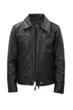 Men’s Black Cowhide Leather Harrington Jacket – Classic Smart Style Geneva