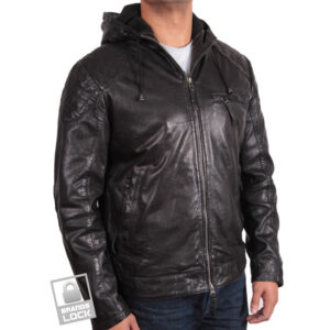 Men’s Vintage Black Leather Hooded Biker Jacket – Zipped Bomber Motorcycle Jacket