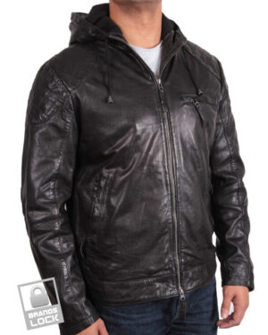 Men’s Vintage Black Leather Hooded Biker Jacket – Zipped Bomber Motorcycle Jacket