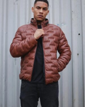 Men’s Quilted Leather Puffer Bomber Biker Jacket – Insulated Winter Coat Torpoint - tan