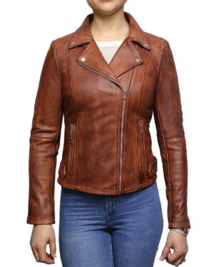 Women’s Chestnut Leather Biker Jacket – Classic Moto Jacket Reynosa