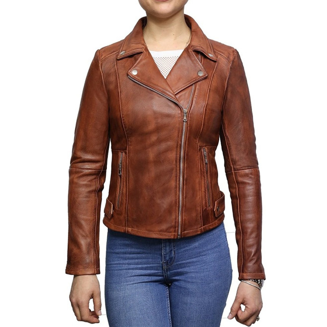 Women’s Chestnut Leather Biker Jacket – Classic Moto Jacket Reynosa